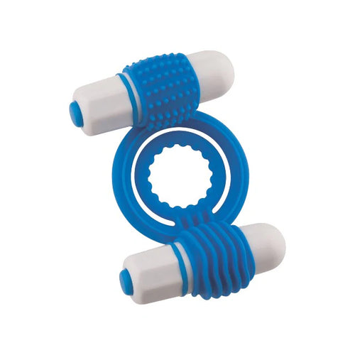 Inel vibrator penis NMC Clitoral Mass – 2 vibratoare bullet, stimulare clitoris, albastru cu alb