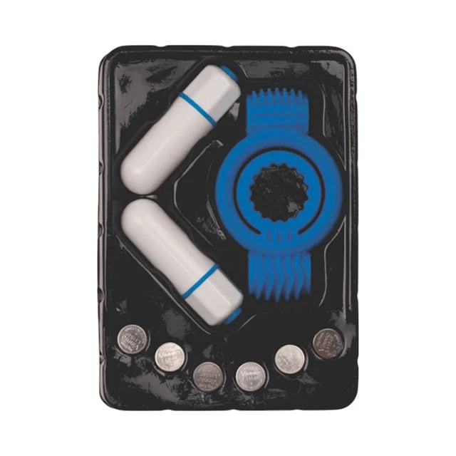 Inel vibrator penis NMC Clitoral Mass – 2 vibratoare bullet, stimulare clitoris, albastru cu alb