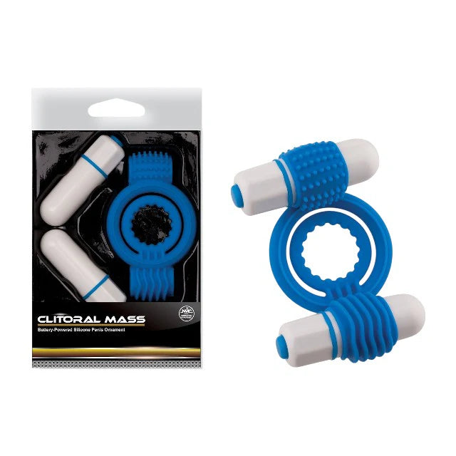 Inel vibrator penis NMC Clitoral Mass – 2 vibratoare bullet, stimulare clitoris, albastru cu alb
